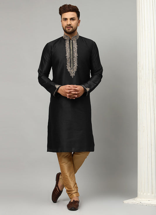 Embroidered Dupion Silk Black Kurta Pyjama - M2289