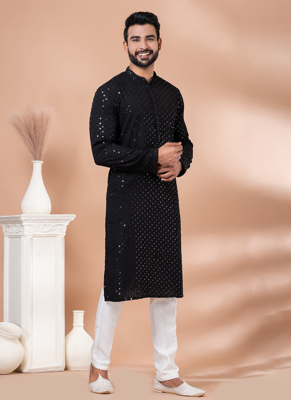 Embroidered Rayon, Viscose Black Kurta Pyjama - M7014