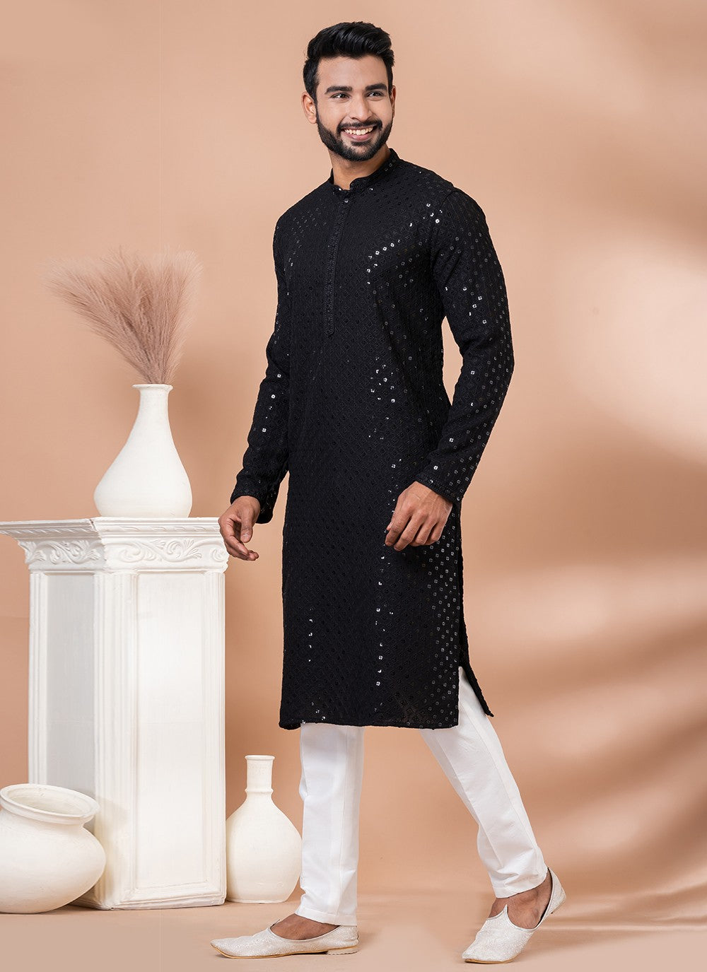 Embroidered Rayon, Viscose Black Kurta Pyjama - M7014