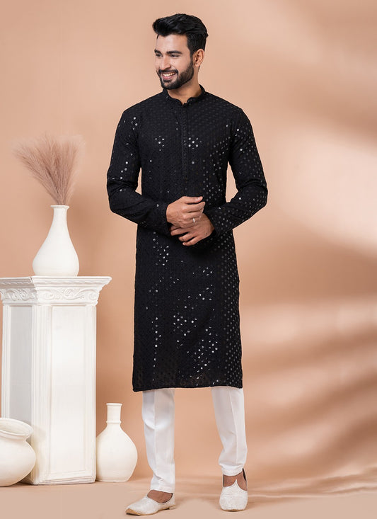 Embroidered Rayon, Viscose Black Kurta Pyjama - M7014