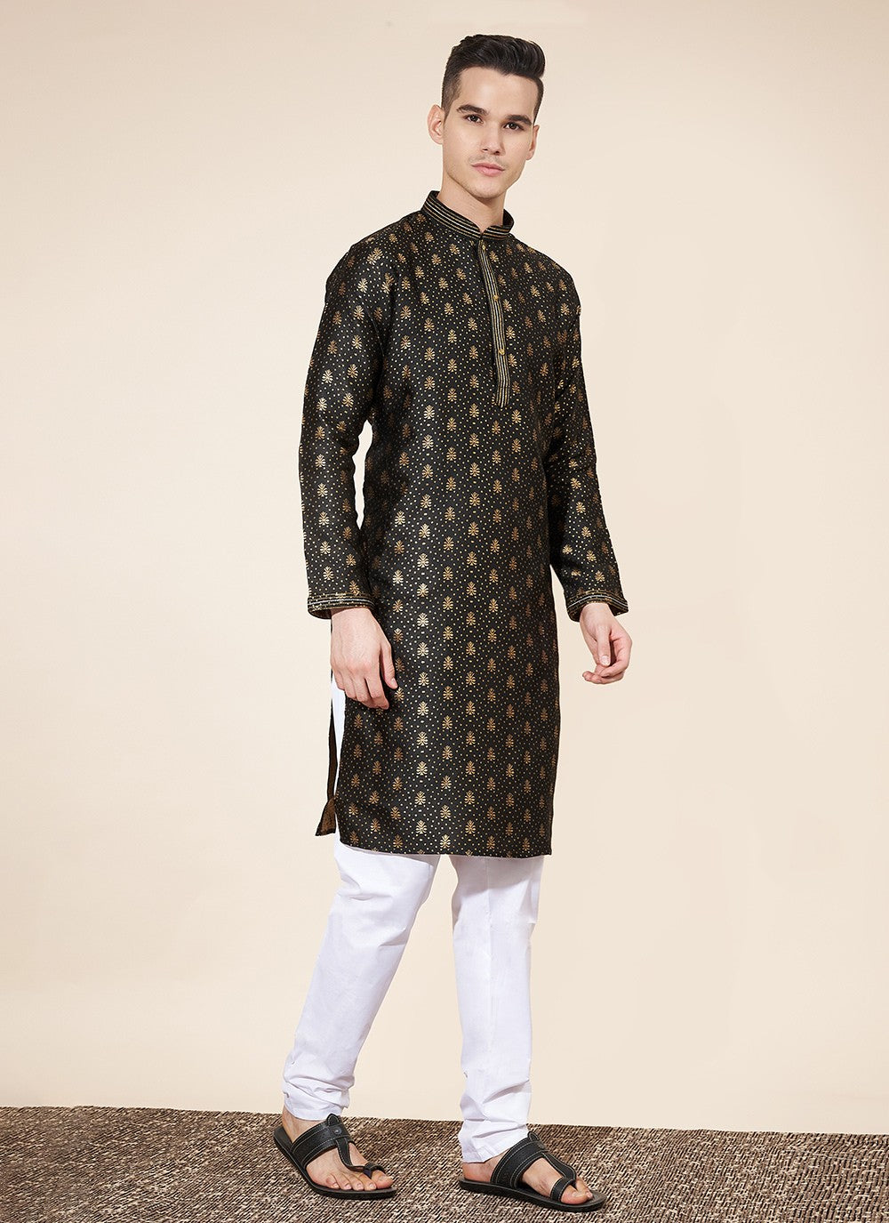 Pintex Jacquard Black Kurta Pyjama - M8040