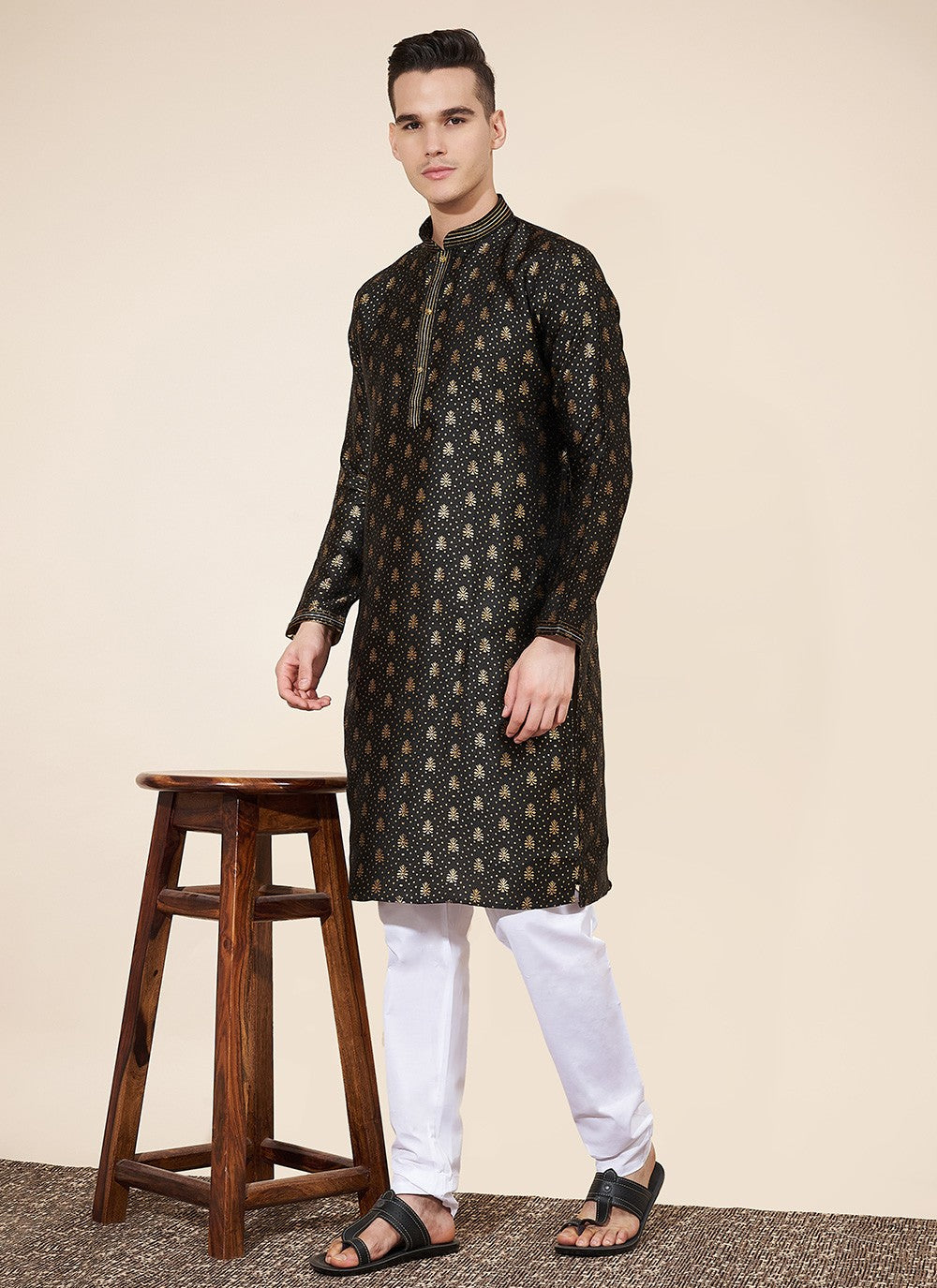 Pintex Jacquard Black Kurta Pyjama - M8040