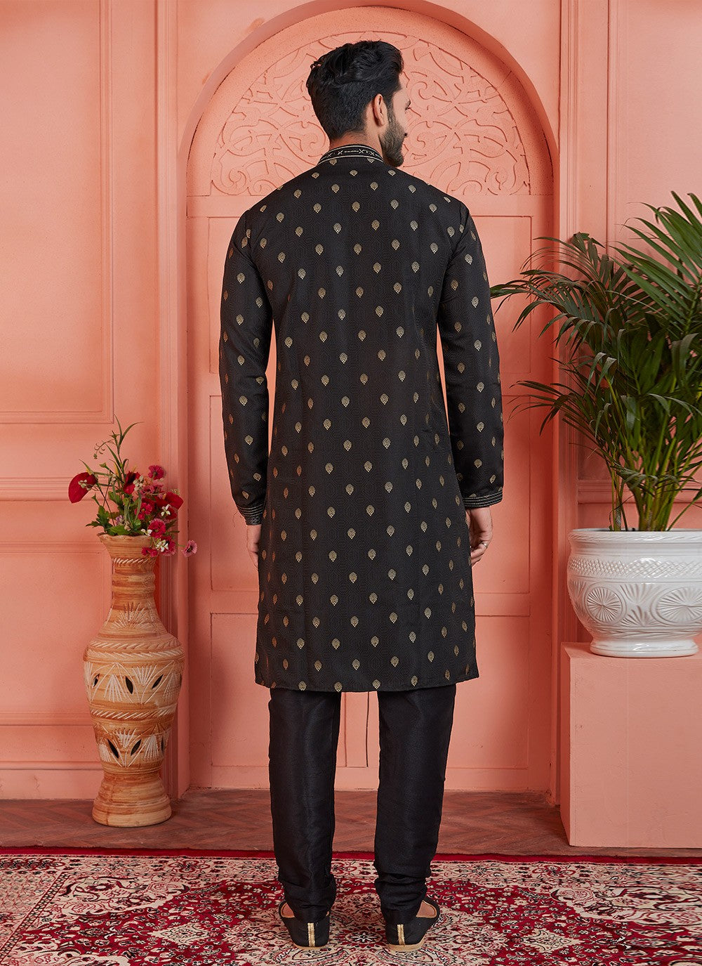 Pintex Brocade, Jacquard Silk Black Kurta Pyjama - M7760