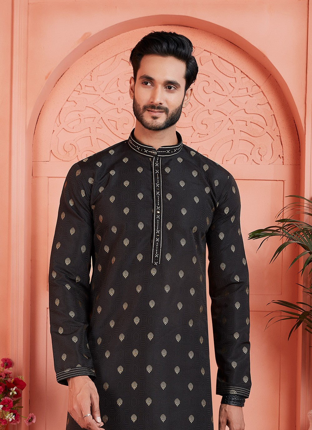 Pintex Brocade, Jacquard Silk Black Kurta Pyjama - M7760