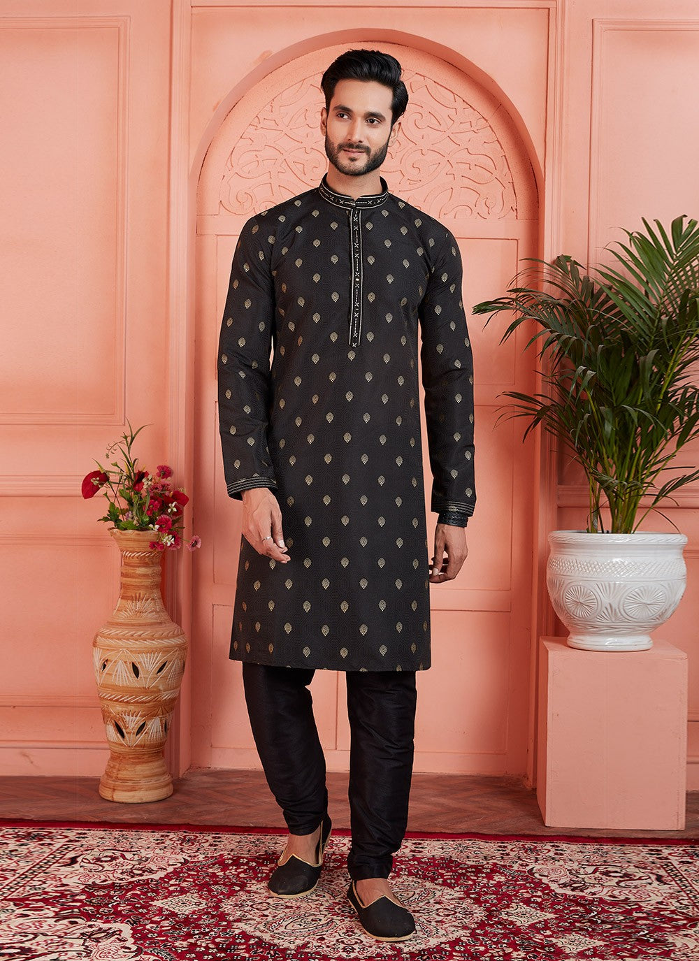 Pintex Brocade, Jacquard Silk Black Kurta Pyjama - M7760