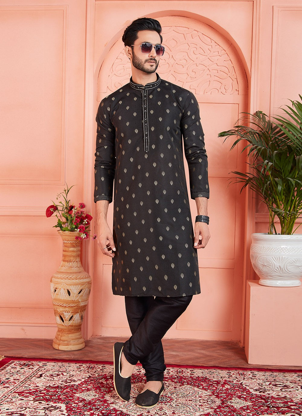 Pintex Brocade, Jacquard Silk Black Kurta Pyjama - M7760