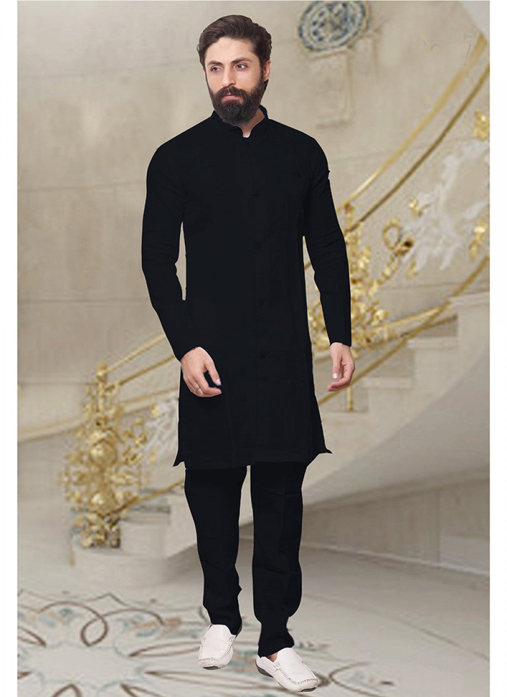 Plain Art Dupion Silk Black Kurta Pyjama - M1369