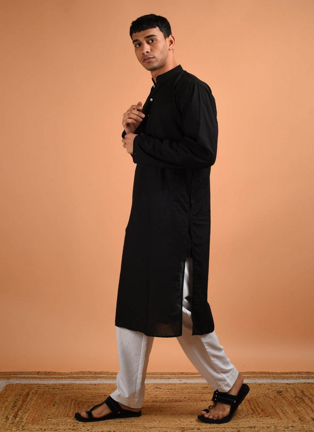 Plain Blended Cotton Black Kurta Pyjama - M6182