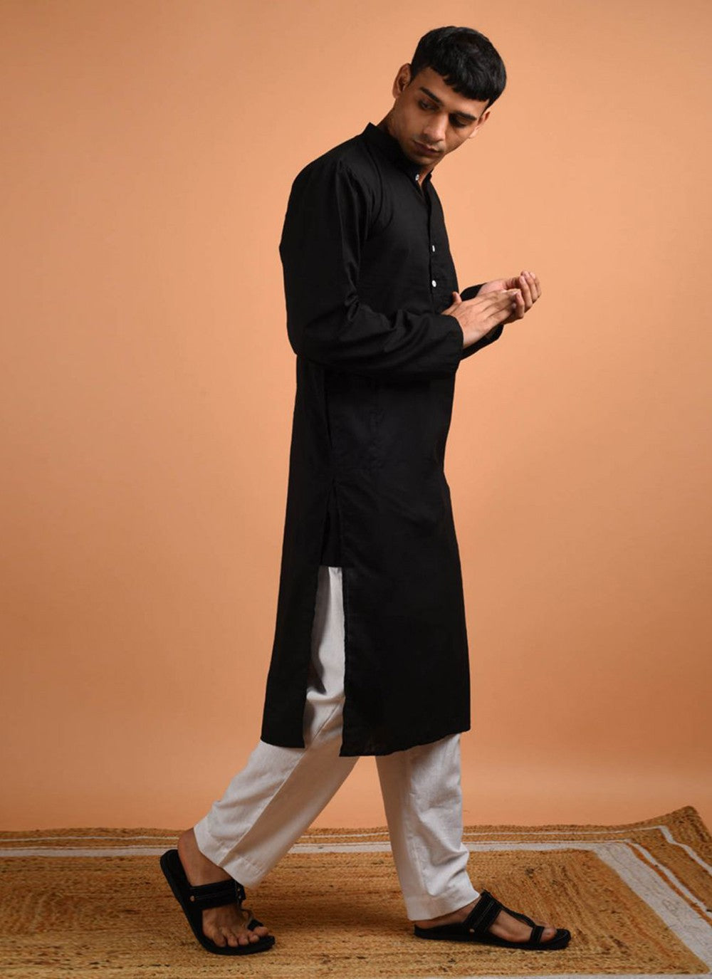 Plain Blended Cotton Black Kurta Pyjama - M6182