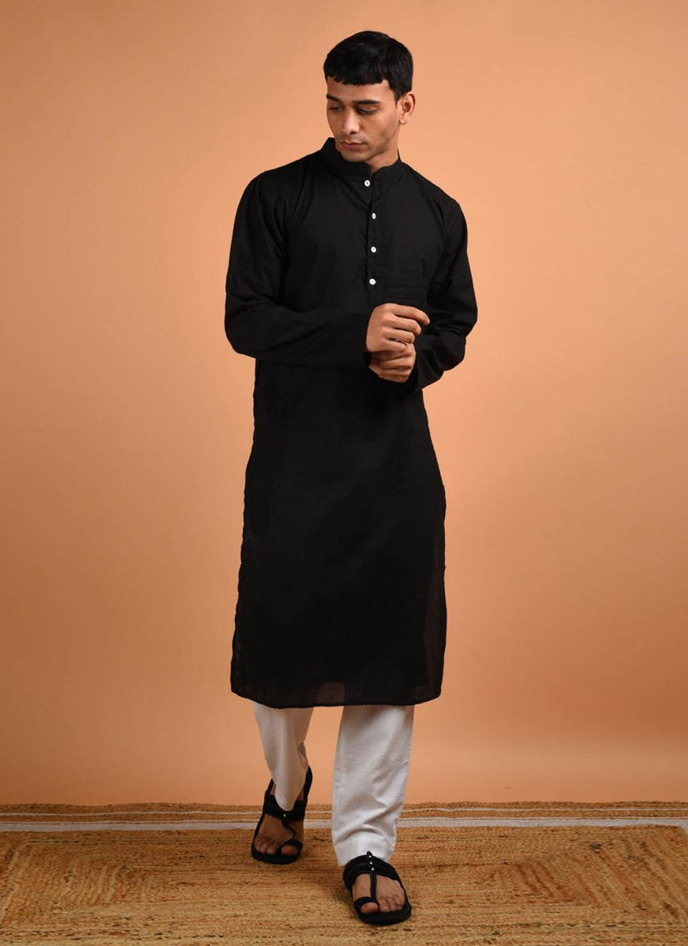 Plain Blended Cotton Black Kurta Pyjama - M6182