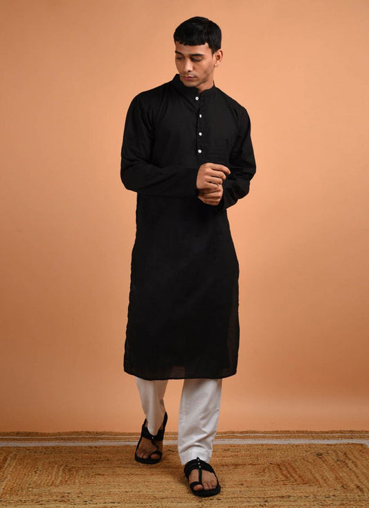 Plain Blended Cotton Black Kurta Pyjama - M6182