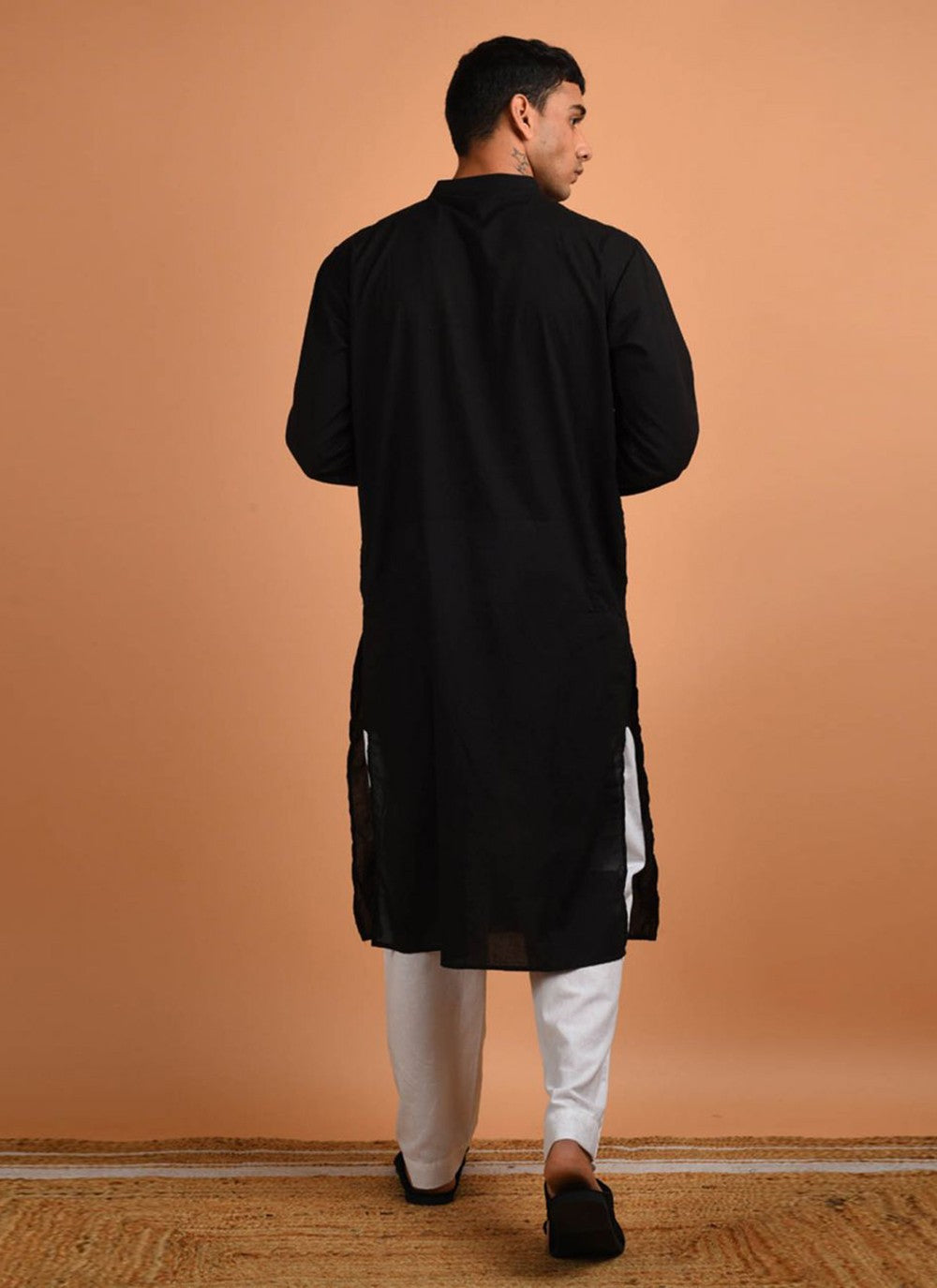 Plain Blended Cotton Black Kurta Pyjama - M6182