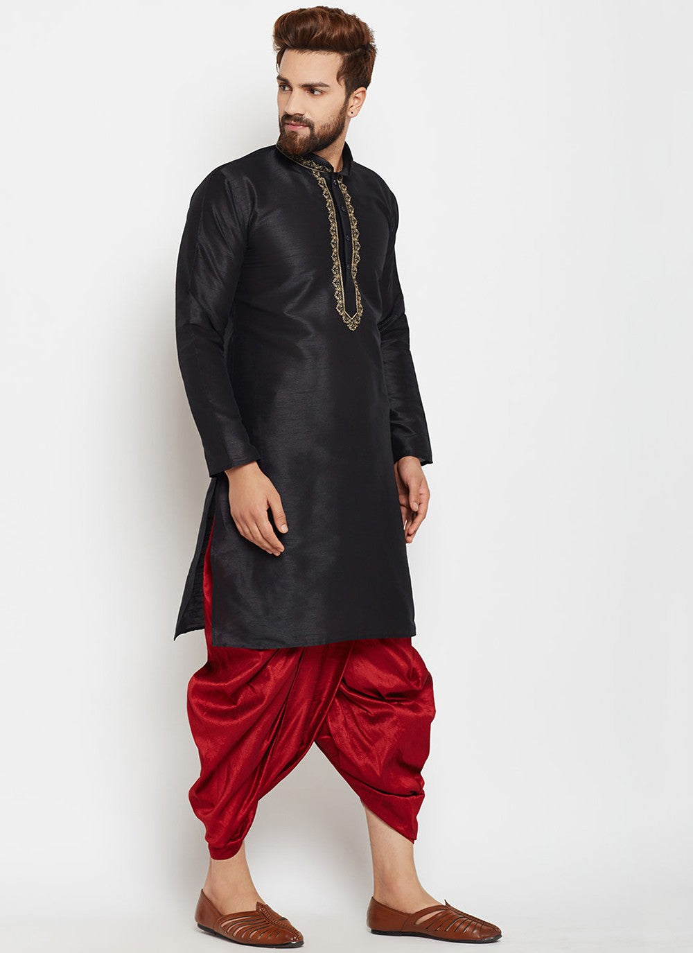 Plain Dupion Silk Black Dhoti Kurta - M2012