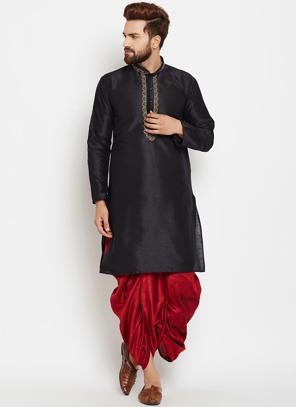 Plain Dupion Silk Black Dhoti Kurta - M2012