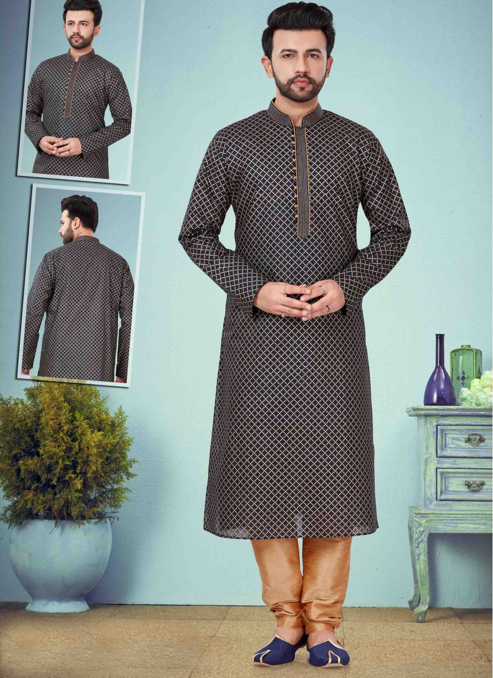 Printed Cotton Silk Black Kurta Pyjama - M1633