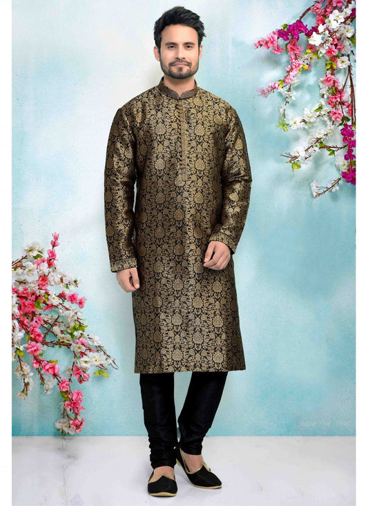 Printed Brocade, Jacquard Black Kurta Pyjama - M1671