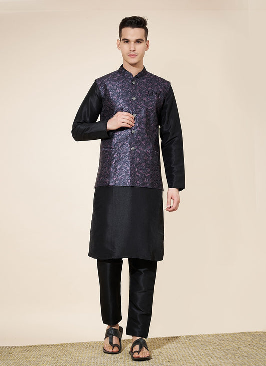 Jacquard Work Pure Silk Black Kurta Payjama With Jacket - M8033