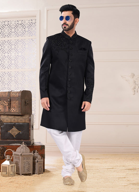 Embroidered Rayon Black Indo Western Sherwani - M4695