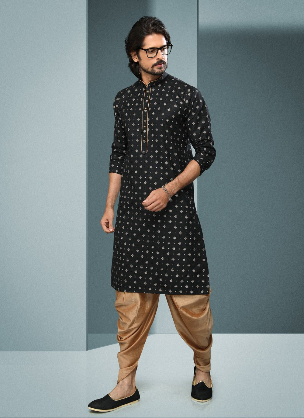 Digital Print Handloom Cotton Black Dhoti Kurta - M4068