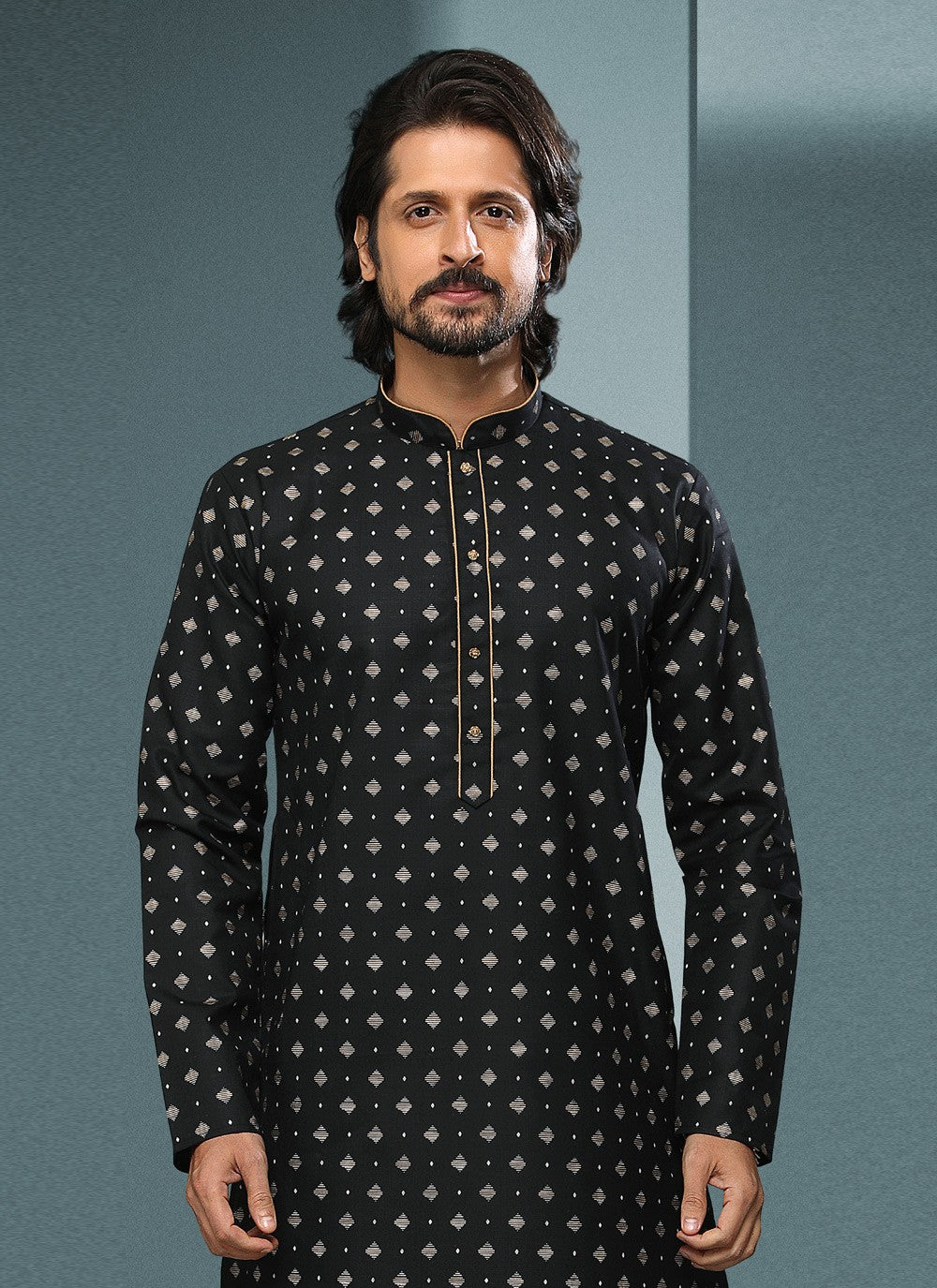 Digital Print Handloom Cotton Black Dhoti Kurta - M4068