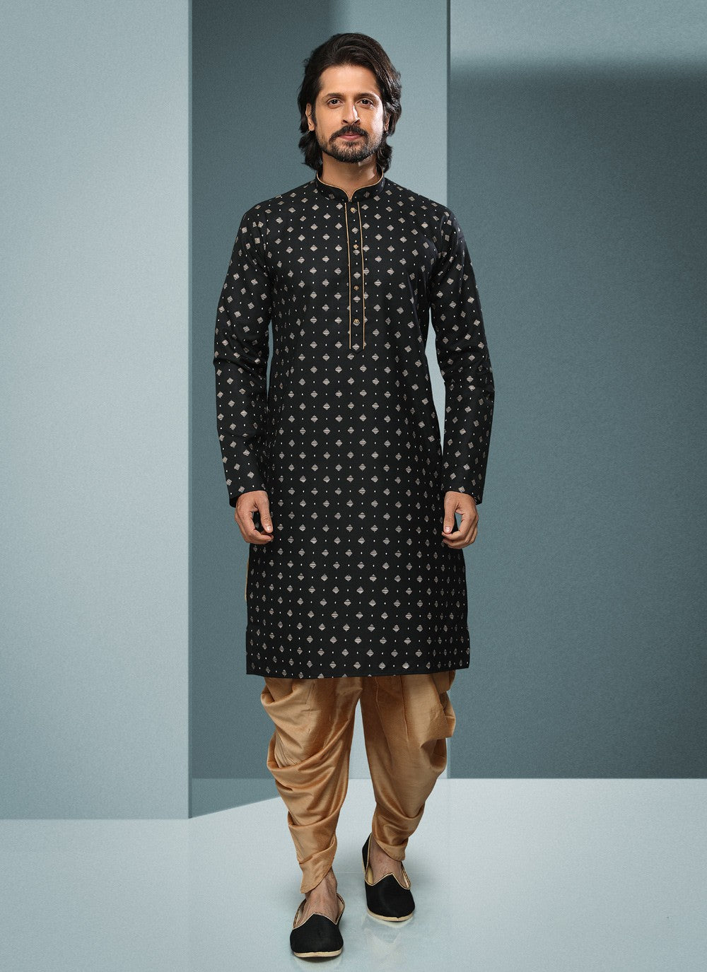 Digital Print Handloom Cotton Black Dhoti Kurta - M4068