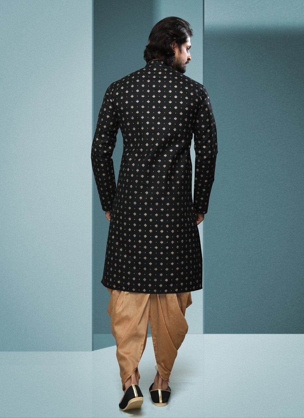 Digital Print Handloom Cotton Black Dhoti Kurta - M4068