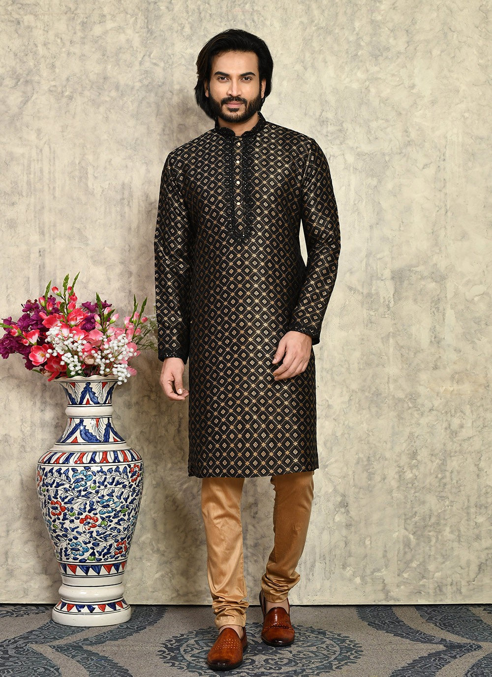 Machine Embroidery Art Silk Black Kurta Pyjama - M7952