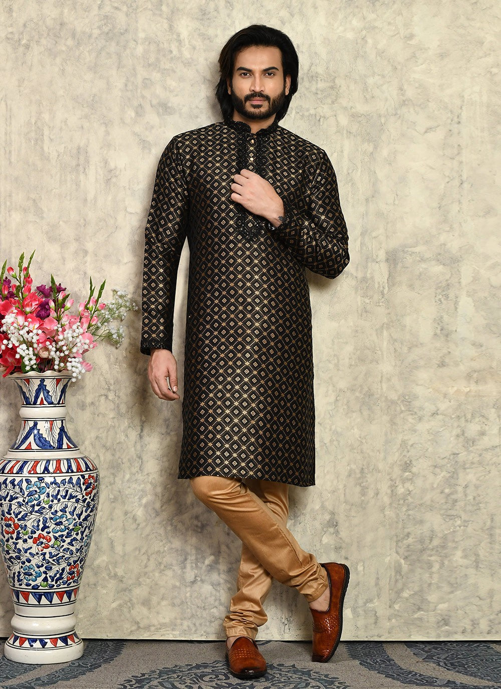 Machine Embroidery Art Silk Black Kurta Pyjama - M7952