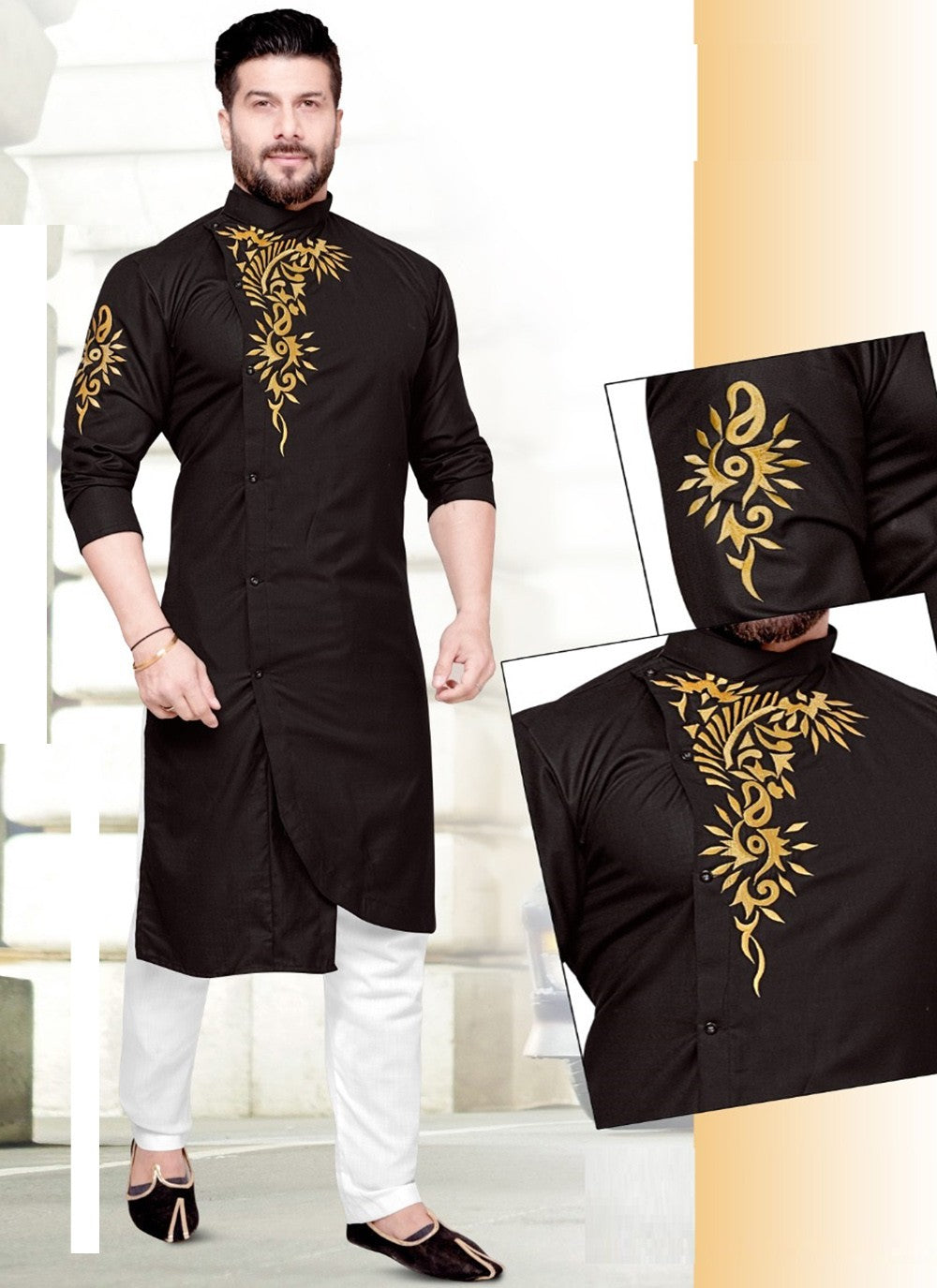 Resham Cotton Black Kurta Pyjama - M2198