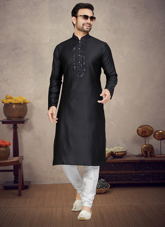 Embroidered Jacquard Black Kurta Pyjama - M5859