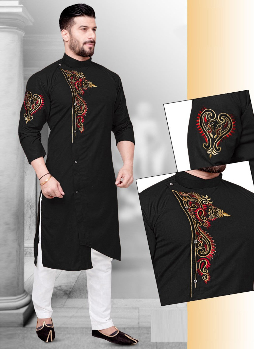 Resham Cotton Black Kurta Pyjama - M2211