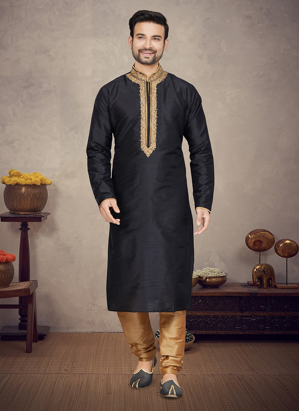 Embroidered Art Silk Black Kurta Pyjama - M5858