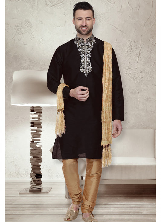 Embroidered Art Dupion Silk Black Kurta Pyjama - M1498