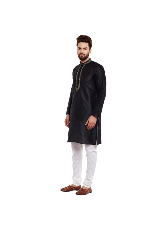 Embroidered Art Dupion Silk Black Kurta - M1296