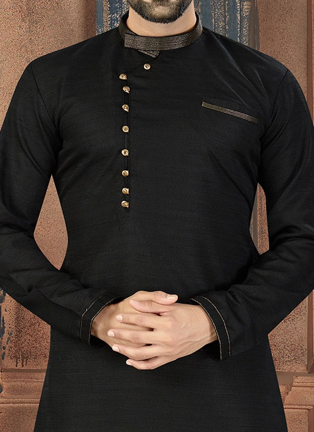 Plain Dupion Silk Black Kurta Pyjama - M2011