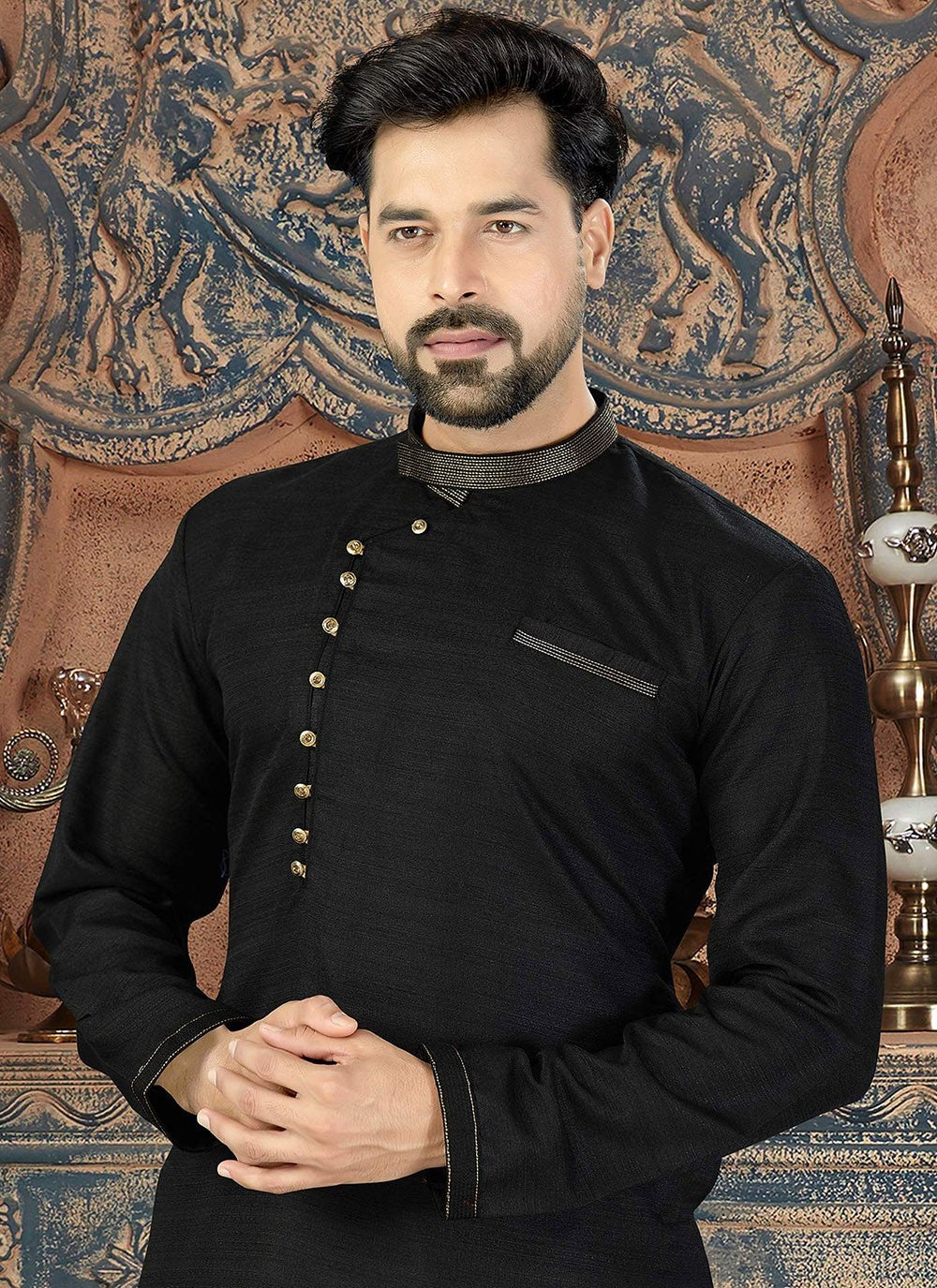 Plain Dupion Silk Black Kurta Pyjama - M2011