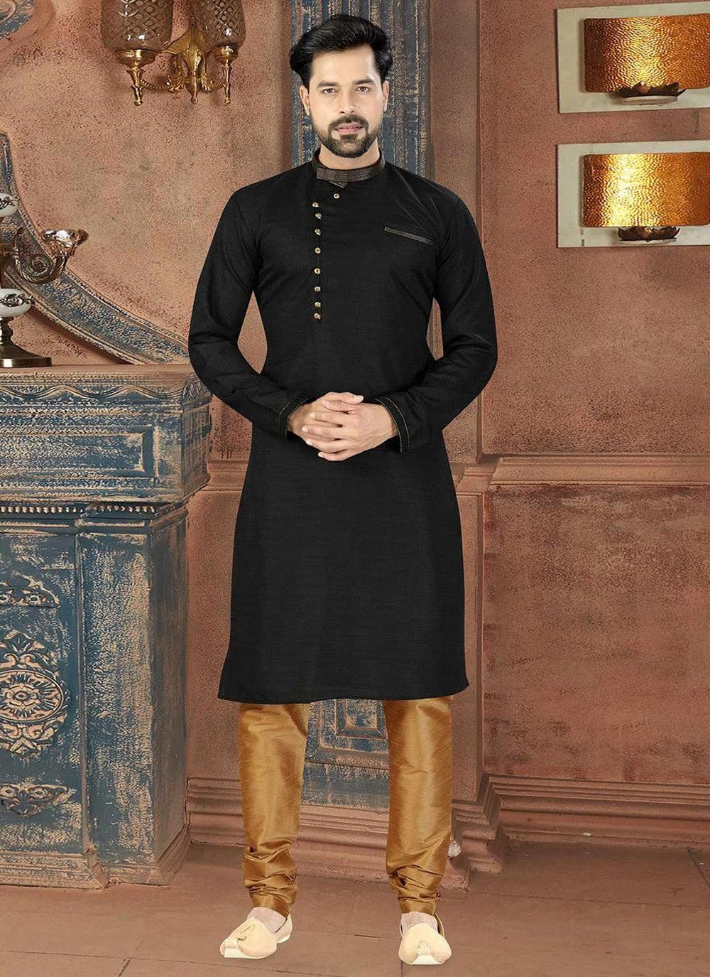 Plain Dupion Silk Black Kurta Pyjama - M2011