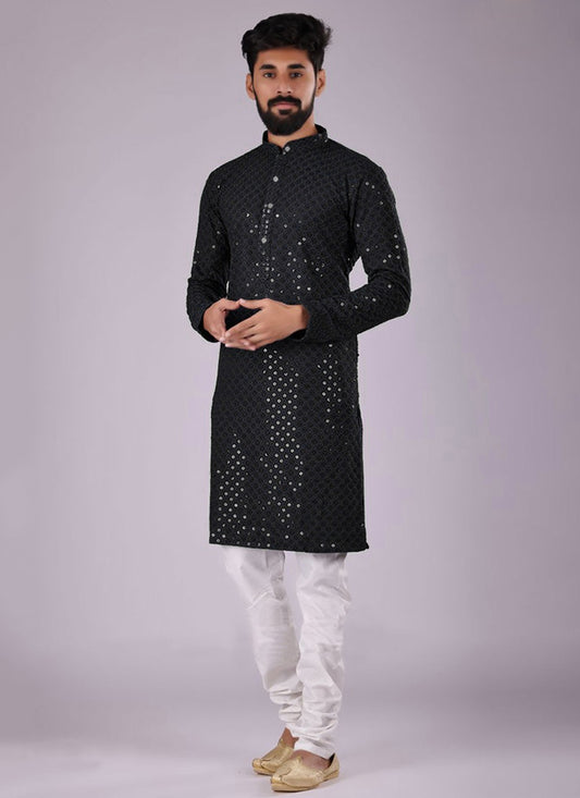 Chikankari Work Cotton Black Kurta Pyjama - M4460