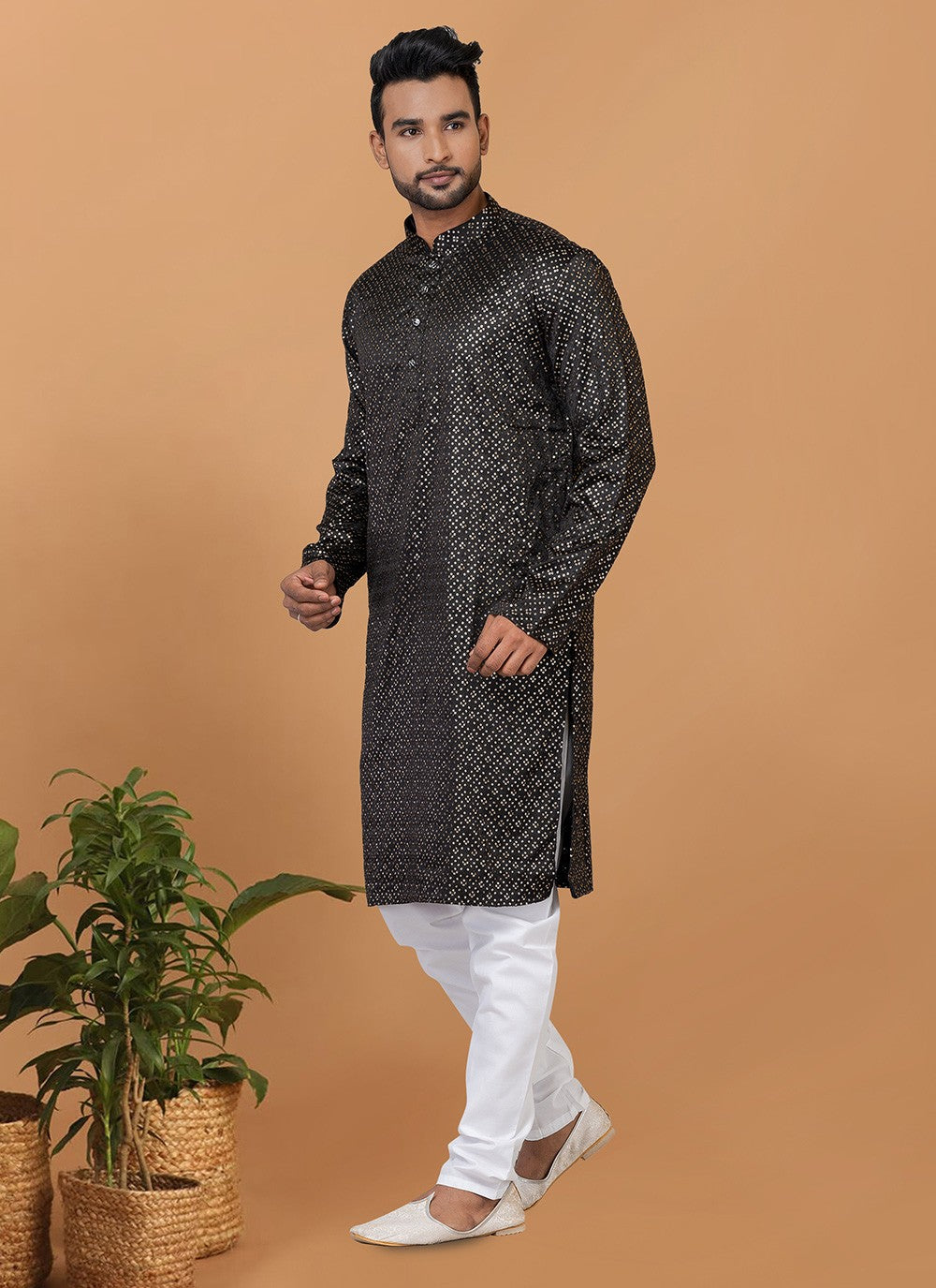 Embroidered Silk Black Kurta Pyjama - M6244