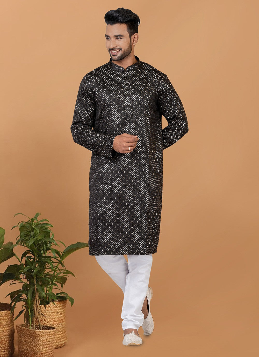 Embroidered Silk Black Kurta Pyjama - M6244