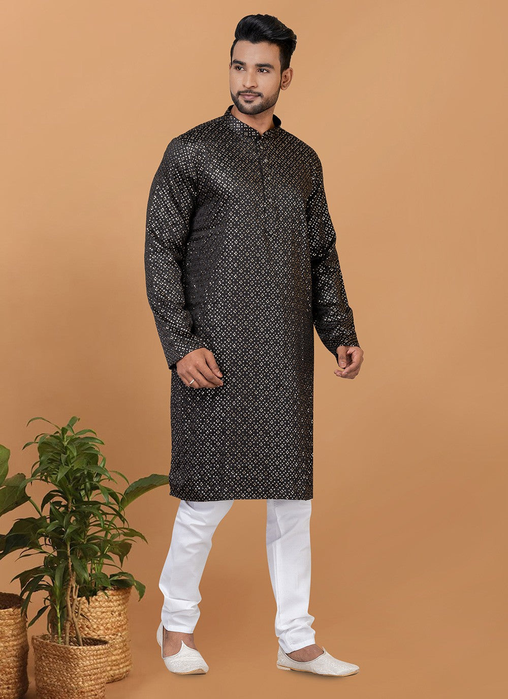 Embroidered Silk Black Kurta Pyjama - M6244