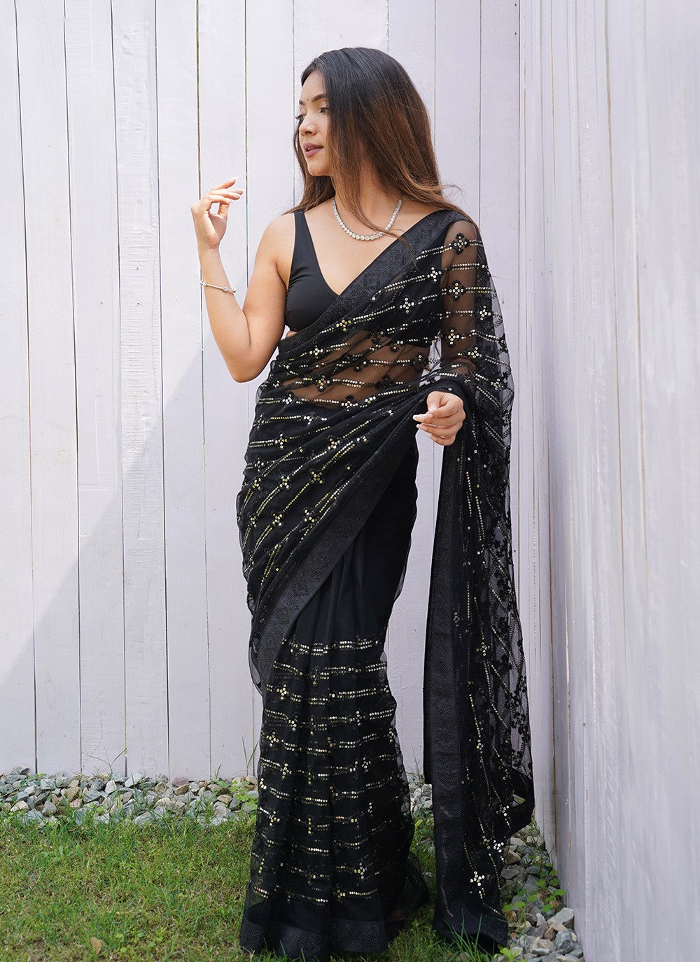 Embroidered, Sequins, Thread Net Saree - S11632