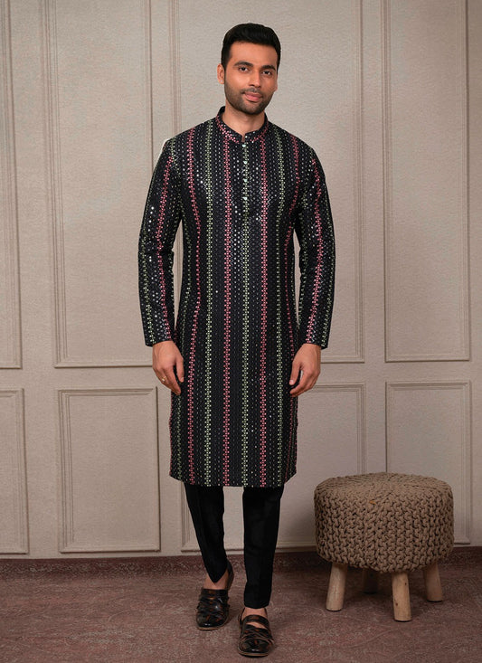 Embroidered Silk Black Kurta Pyjama - M8393