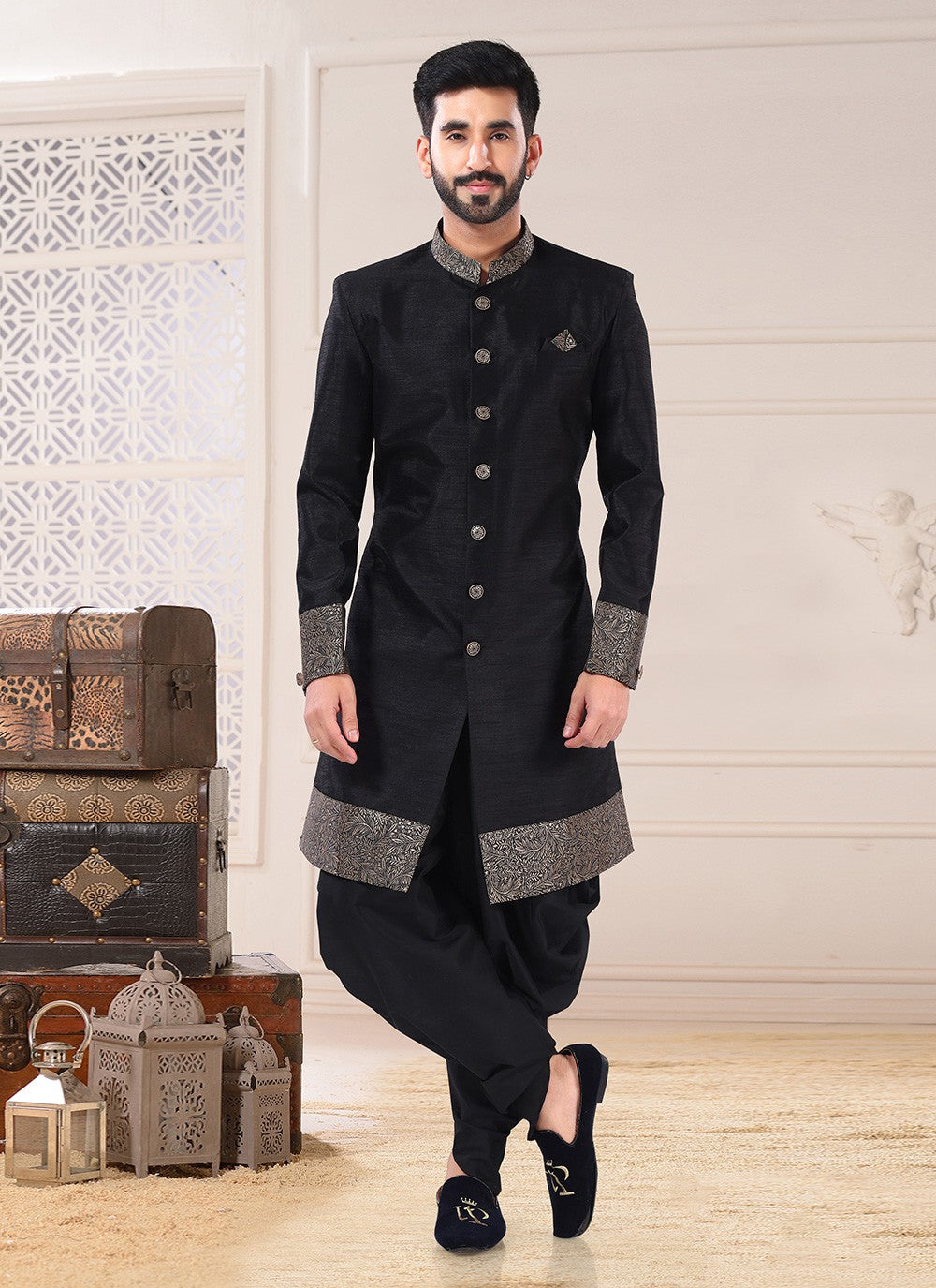 Embroidered Silk Black Indo Western Sherwani - M4697