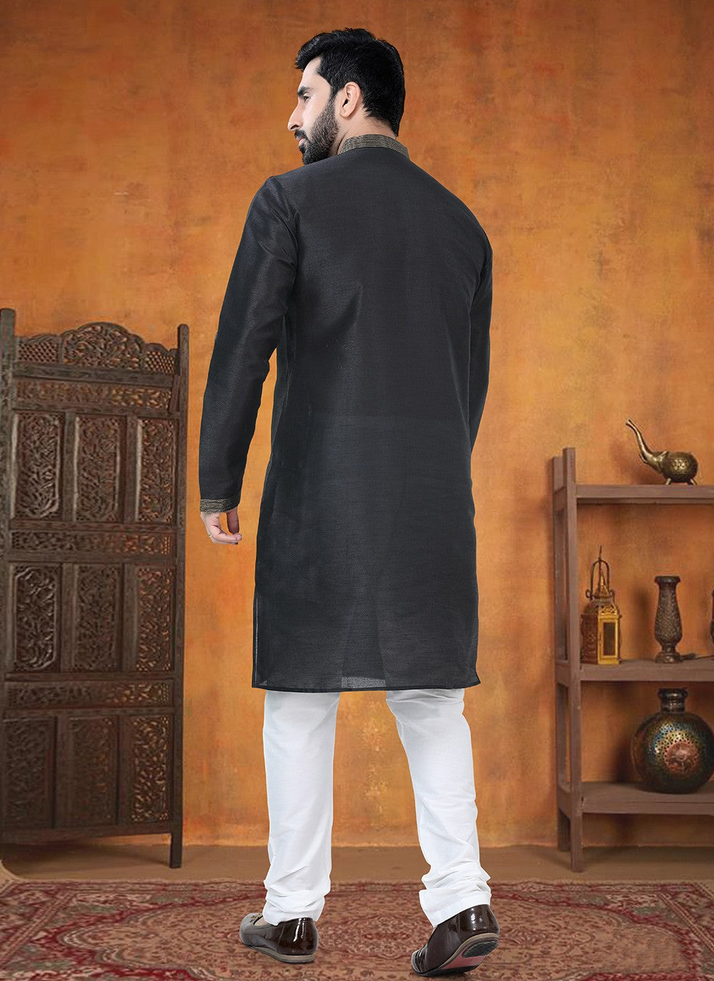 Buttons Silk Black Kurta Pyjama - M8765