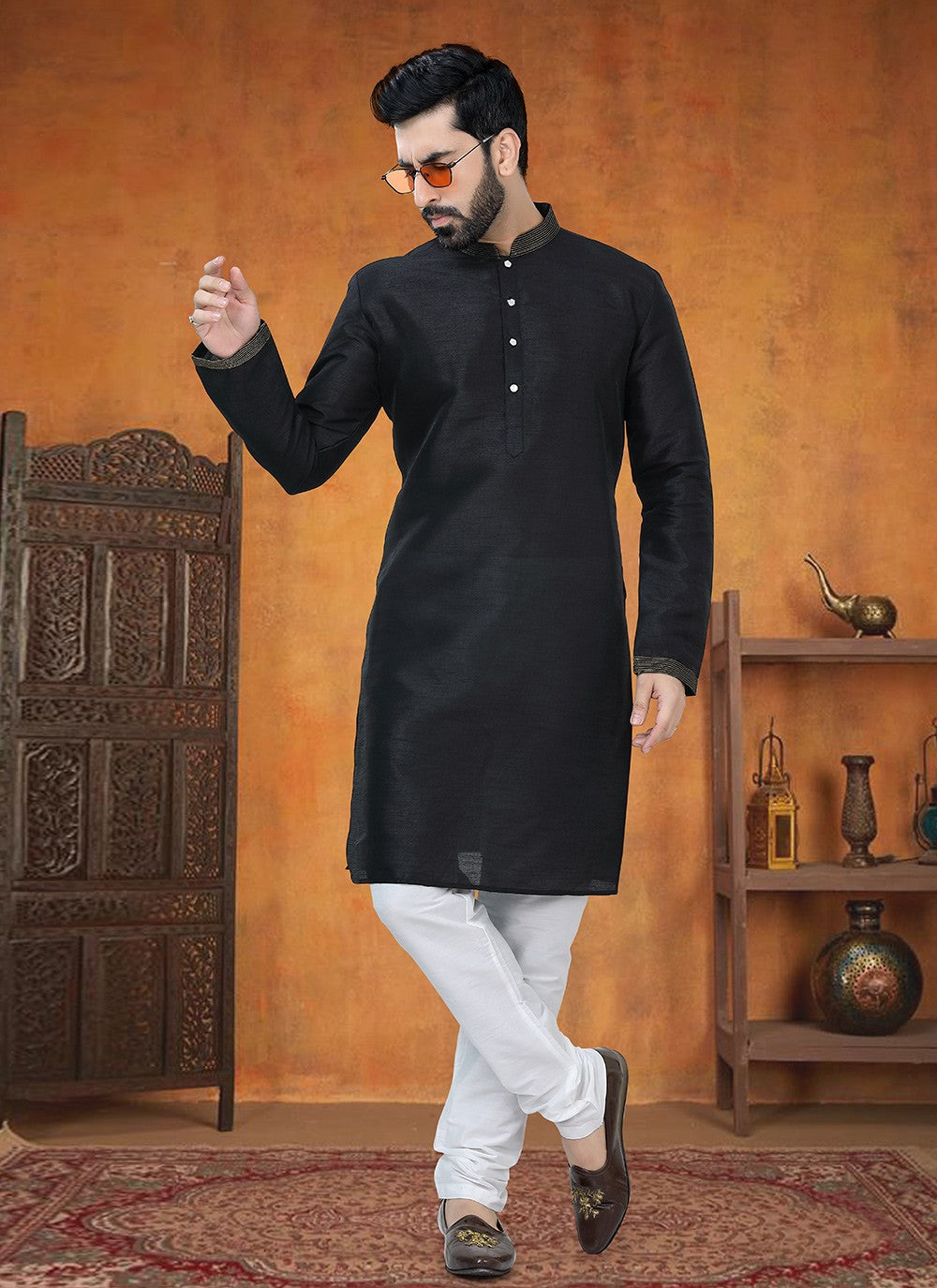 Buttons Silk Black Kurta Pyjama - M8765