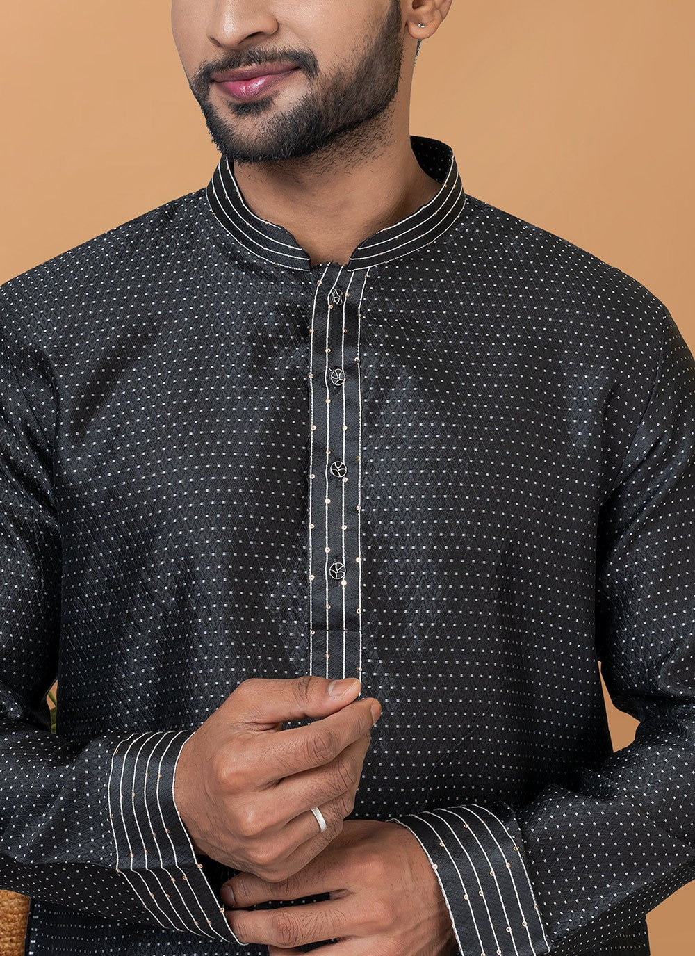 Fancy Work Silk Black Kurta Pyjama - M6377