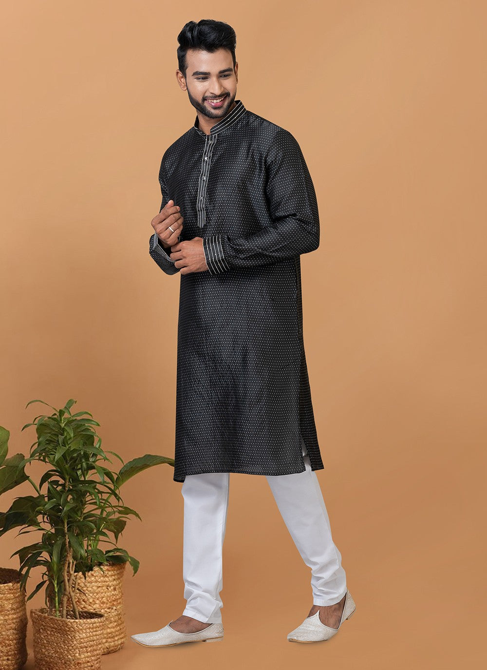 Fancy Work Silk Black Kurta Pyjama - M6377