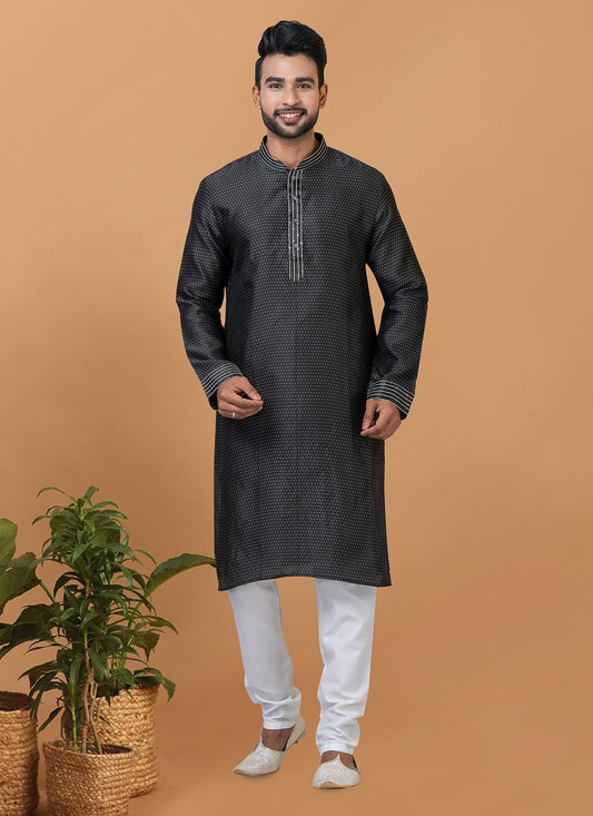 Fancy Work Silk Black Kurta Pyjama - M6377