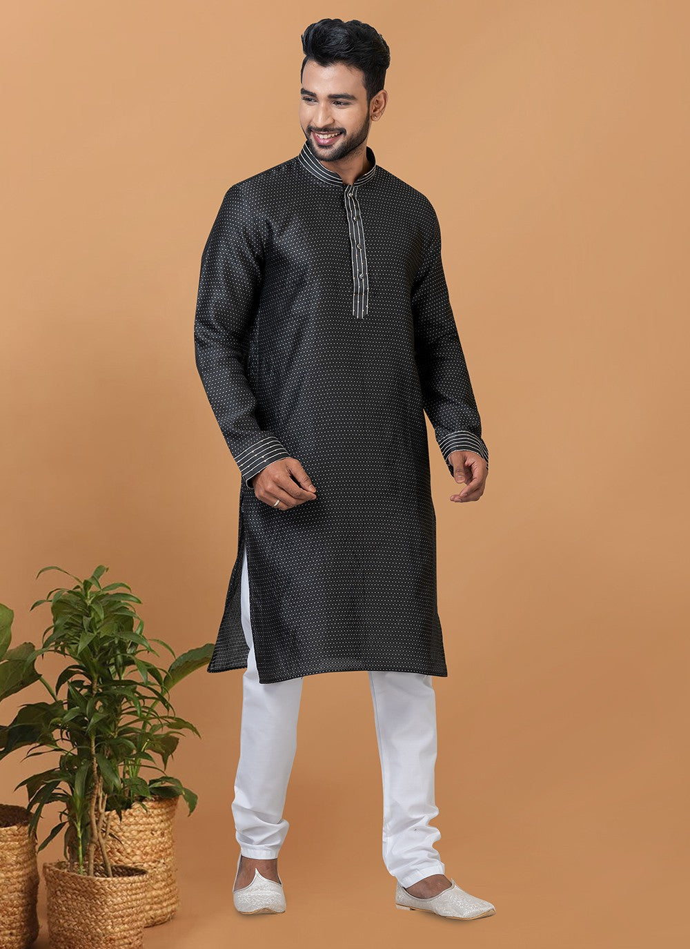 Fancy Work Silk Black Kurta Pyjama - M6377